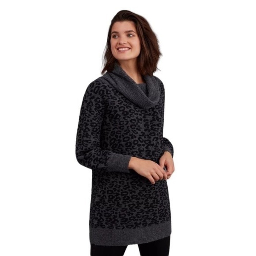 ANTHROPOLOGIE Emmie Cowl Neck Leopard Print Tunic Sweater Women Sz‎ M Wool Blend